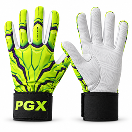 PGX Gamma Crush batting gloves pair: lime green and purple backhand beside white leather palm, with black long cuffs