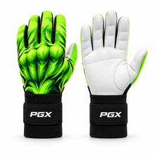 PGX Gamma Crush fluorescent green long cuff batting gloves with white pitted leather palm on white background