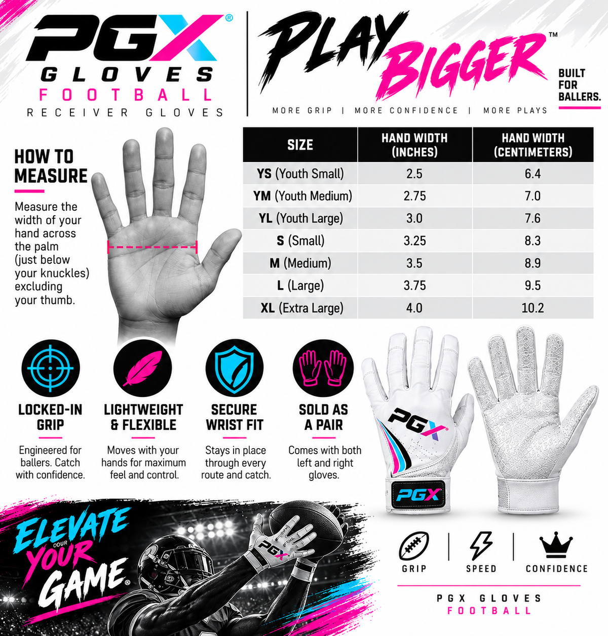 PGX football glove sizing guide