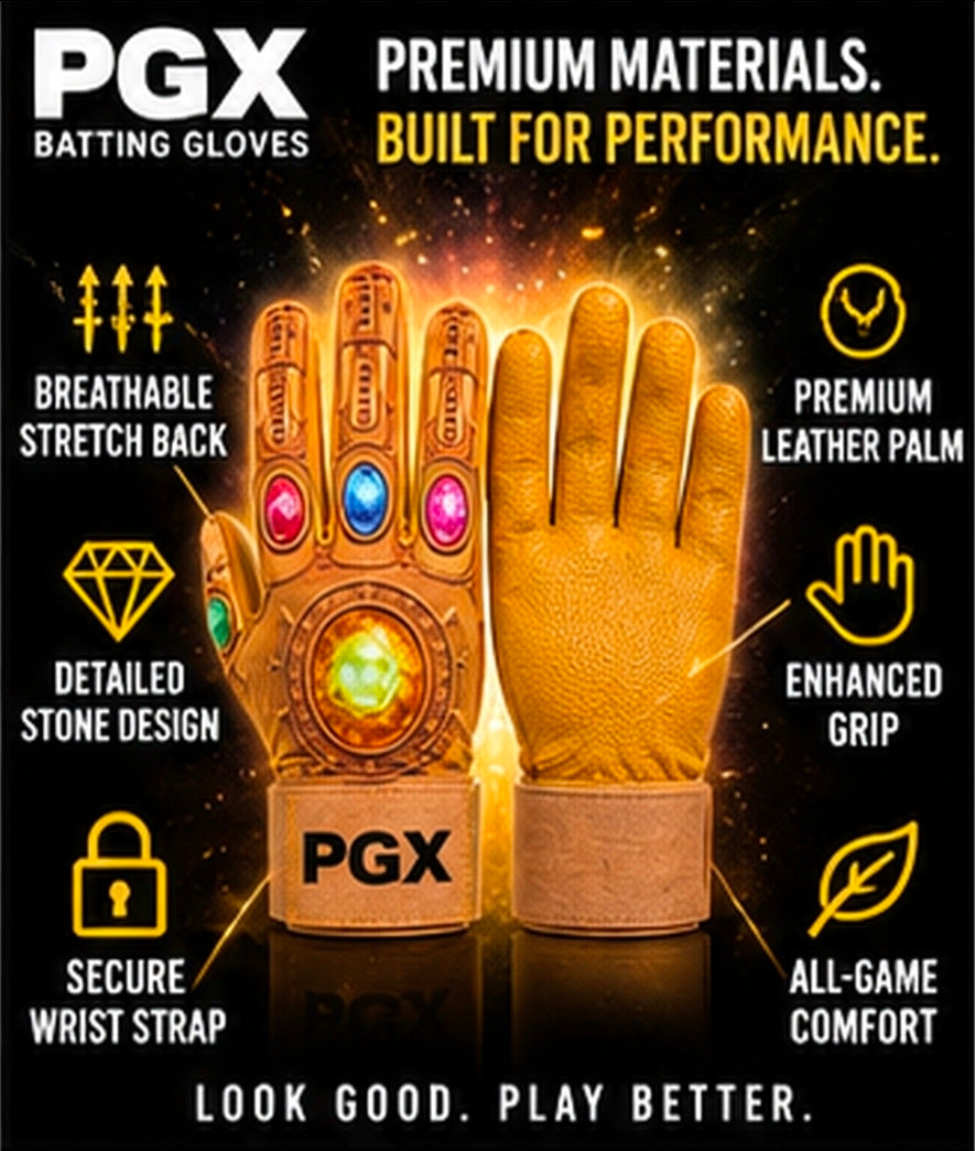 PGX Power Stones batting gloves showing gold backhand, leather palm and feature callouts