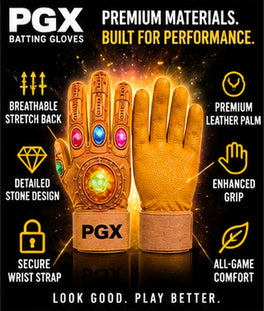 PGX Power Stones batting gloves showing gold backhand, leather palm and feature callouts